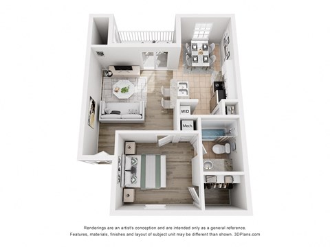 Floor plan for 1 bed, 1 bath, 619 sqft